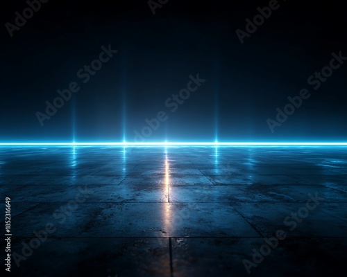 Blue Neon Light Reflecting on Dark Wet Concrete Floor Surface with Glowing Horizon in a Seamless Futuristic Empty Space