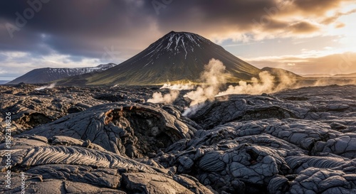 Volcanic Majesty: Majestic volcanic peaks dominate a stark landscape, with billowing steam rising from the rugged terrain under a dramatic sky.