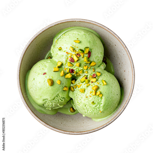 Green Pistachio Ice Cream with Chopped Nuts, Top View, Isolated