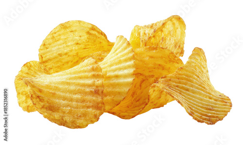 Stack of crispy, ridged potato chips, golden brown hue, isolated