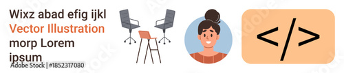 Office design, team collaboration, web development, avatar creation, technology, digital workspace. ion of office chairs, desk female avatar coding brackets. Office design and team collaboration
