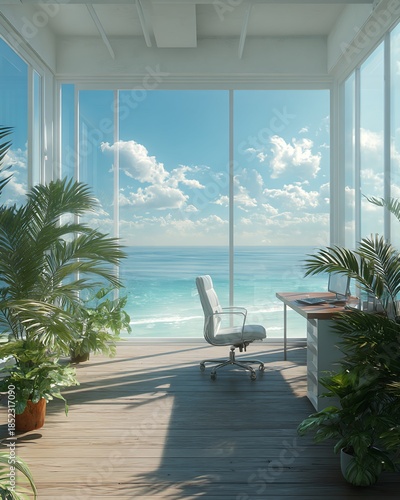 Bright Coastal Office Interior with White Chair, Desk, Potted Plants and Ocean View in Sunny Daylight on Wooden Floor and Floor to Ceiling Windows