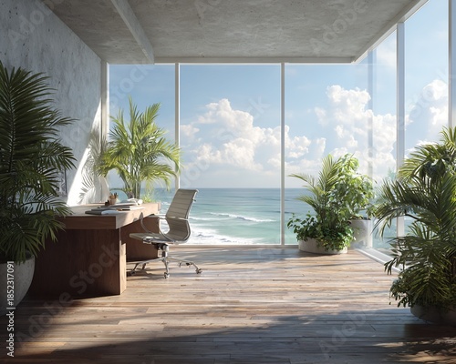 Bright Minimalist Office Space with Ocean View, Natural Light, Wooden Floor, Concrete Ceiling, Lush Green Plants, Desk, and Ergonomic Chair