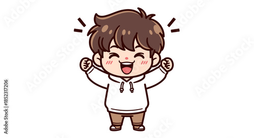An enthusiastic young person in a white hoodie is depicted in a joyful vector illustration, celebrating with raised fists and a beaming smile against a clean backdrop.