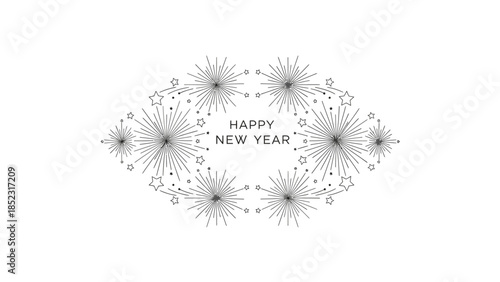 Black and white illustration of fireworks and text 'HAPPY NEW YEAR' in a decorative frame for 2026 celebrations.