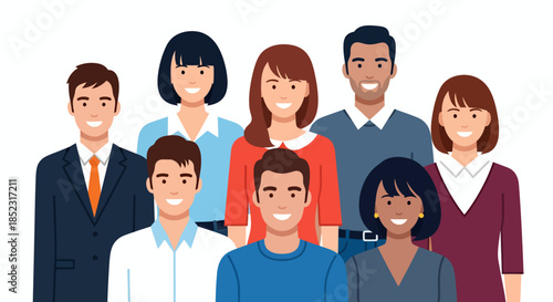 Diverse group of smiling business people standing together in a vector illustration, representing teamwork, collaboration, and a positive work environment.