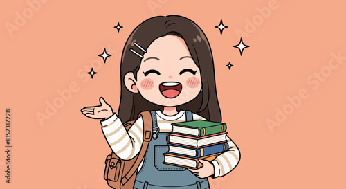 A vibrant vector illustration portrays a joyful young student with a backpack, enthusiastically holding a pile of books, symbolizing education and knowledge.