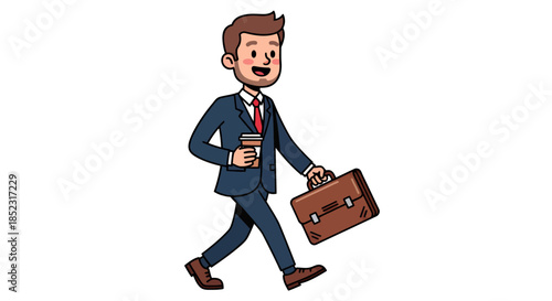 A cheerful businessman in a blue suit walks confidently, holding a coffee cup and a briefcase, depicted in a clean vector illustration on a white background.