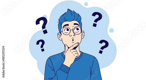 A thoughtful young person with blue hair and glasses, surrounded by question marks, pondering a decision, illustrated in a clean, modern vector style against a light blue background.