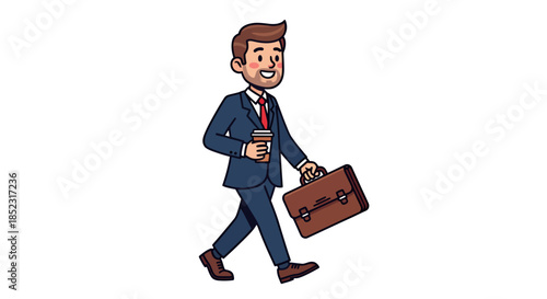 A cheerful businessman in a stylish suit walks confidently with a coffee and briefcase, embodying success and a dynamic lifestyle in vector art.