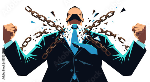 A powerful vector illustration depicts a determined businessman breaking free from restrictive chains with an explosive head, symbolizing liberation from stress and pressure.