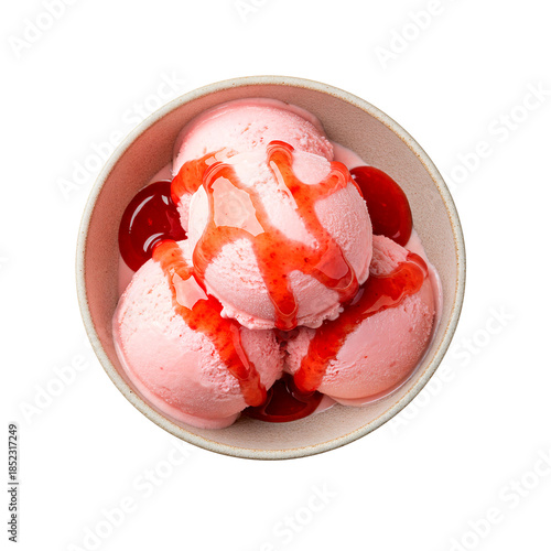 Strawberry Ice Cream with Red Syrup, Top View, Isolated
