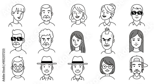 Diverse collection of vector-based portrait illustrations showing various male and female characters with different hairstyles, accessories, and expressions, isolated on white.