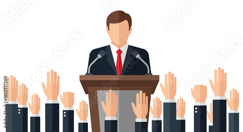 A vector illustration depicts a politician speaking at a podium with outstretched hands of an audience, symbolizing engagement and the democratic process with a clean, modern design.