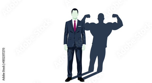 A confident businessman in a suit stands tall, his shadow revealing a muscular physique, symbolizing inner strength and ambition in a competitive corporate world.