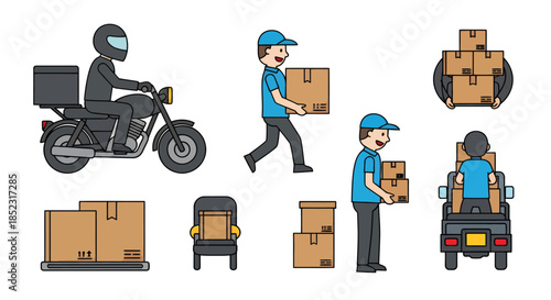 This vector illustration set depicts various delivery scenarios, including a courier on a motorcycle, a man carrying boxes, and packages being loaded onto vehicles.