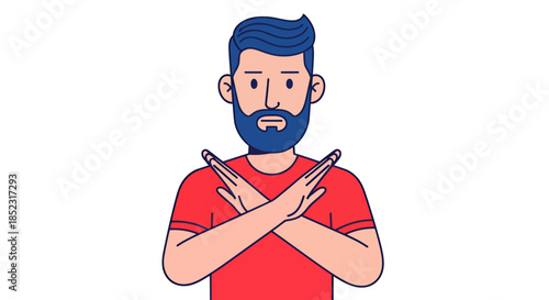 A vector illustration depicts a person with a beard, wearing a red shirt, making a stop gesture with their arms crossed in front of them, showcasing a clear and concise visual message.