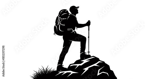 A silhouetted person with a backpack and hiking poles stands atop a rocky peak, representing adventure, travel, and the spirit of exploration in a vector illustration.
