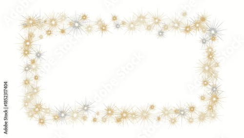 A festive rectangular frame made of gold, silver and yellow flowers on a white background, perfect for New Year 2026 celebrations with a joyful and elegant mood.