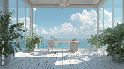 Bright Modern Office Interior with Ocean View Desk Chair and Green Plants
