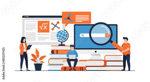 A vector illustration depicts a team of diverse individuals collaborating on research and analysis, using digital tools, books, and magnifying glasses to explore data and information.