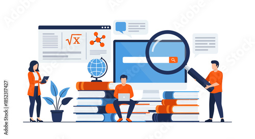 A diverse group of students engages in online learning, utilizing laptops, tablets, and books in a modern, educational vector illustration suitable for various projects.