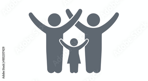 A simple vector illustration depicts a family of three with arms raised in a gesture of happiness and unity, set against a pristine white backdrop.