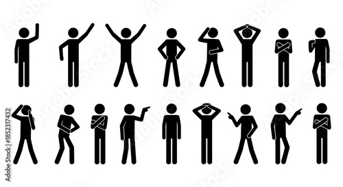 Silhouette stick figures showcase various poses and gestures, offering a versatile visual resource for illustrating human actions and expressions in a minimalist style.