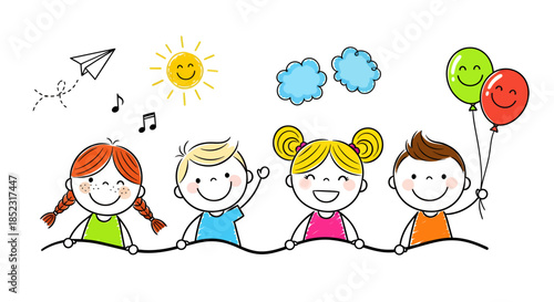 This charming vector illustration depicts a joyful group of four diverse cartoon children, two boys and two girls, happily waving.