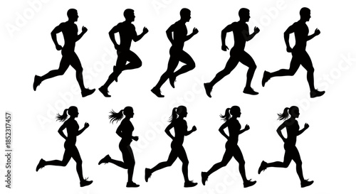 A vector illustration showcases a diverse group of male and female runners in silhouette against a white background, symbolizing fitness and healthy lifestyle choices.