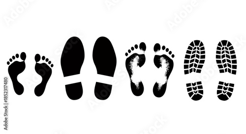 A vector illustration showcasing a variety of footprints, including bare feet, shoes, and boot tracks, offering a visual representation of movement and different sizes.