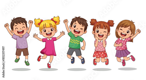 A cheerful vector illustration depicts five diverse children joyfully jumping with raised arms and happy expressions, symbolizing friendship and childhood fun.