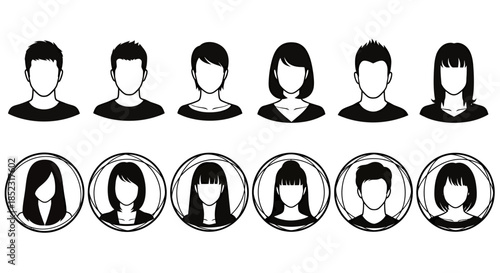 A collection of simple, faceless avatar icons in black and white, showcasing diverse hairstyles and clothing in a modern, minimalist vector style, perfect for user profiles.