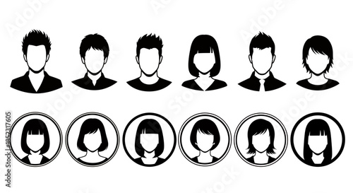 A collection of vector avatars representing diverse individuals, presented in both outline and silhouette styles, ideal for user interface design and profile placeholders, with clean and modern