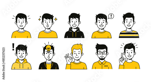 A vector illustration presents a collection of diverse male character portraits, each conveying a unique emotion, perfect for design and communication.