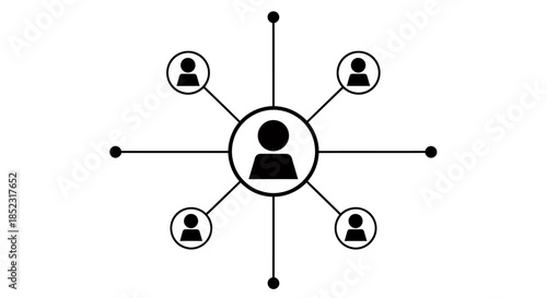 An abstract black and white vector icon visualizes a central person connected to a group of people, symbolizing social networking and communication.