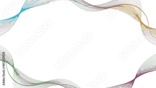 Colorful, flowing ribbons in shades of blue, green, purple, and orange, forming a Frame New Year 2026 against a clean white background with a celebratory feel.