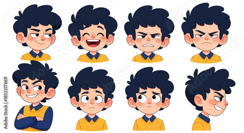 Diverse vector illustration showcasing a person's emotional range, from joy and happiness to anger and sadness, highlighting the complexity of human feelings and expressions.