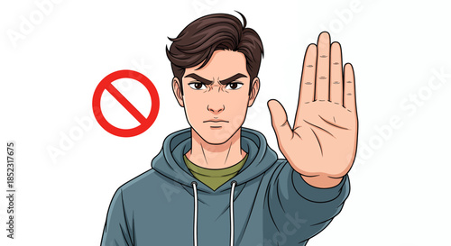 A serious young man in a hoodie makes a clear stop gesture with his open palm, conveying refusal or prohibition in a modern vector illustration.
