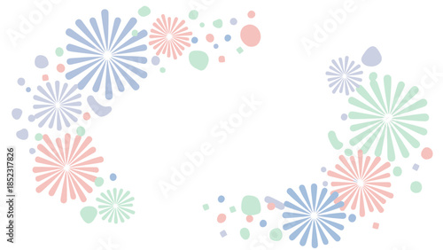 Colorful fireworks-like shapes in pink, blue, and green hues form a festive Frame New Year 2026 decoration against a white background with a joyful and celebratory mood.