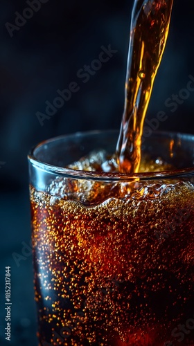 Carbonated Brown Liquid Being Poured into Glass on Dark Background with Bubbles and Condensation