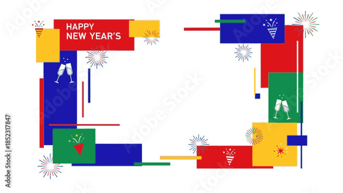Colorful geometric shapes forming a frame with 'Happy New Year' message on a white background, conveying a festive mood for New Year 2026 celebrations.