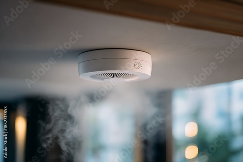 Ceiling Mounted Round Smoke Detector with White Plastic Casing and Visible Smoke Emanating Beneath the Device