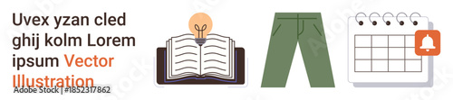 Education, organization, study planning, knowledge, fashion, time management. Lightbulb in an open book, pants calendar with notification icon. Education and organization concept