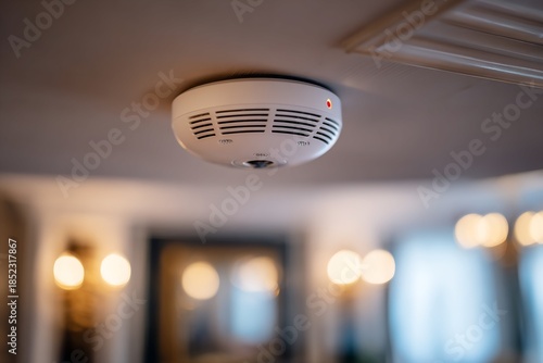 Ceiling Mounted Smoke Detector with Red Light and Background Home Interior