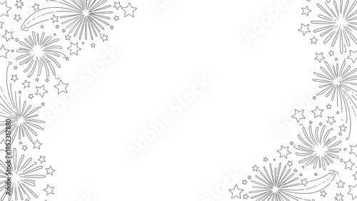 A festive Frame New Year 2026 border design featuring fireworks and stars on a white background with a celebratory mood.