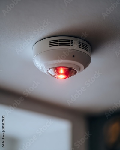 Ceiling Mounted White Smoke Detector with Glowing Red Light in Room