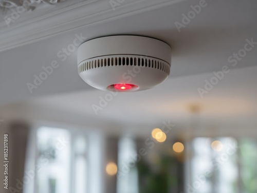 Ceiling Mounted White Smoke Detector with Red Light Indicator against Blurry Background