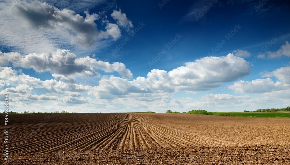 Fototapeta premium Plowed Field And Blue Sky Agriculture Plowed Field And Blue Sky With Clouds