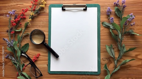 Clipboard on Wood Table with Wildflowers and Magnifying Glass